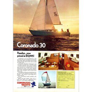 1971 Coronado 30 Sailing Yacht Vintage Print Ad Interior Sunset Sail Wall Art